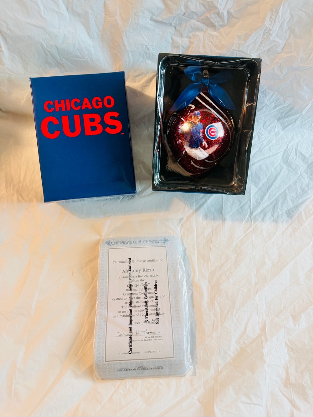 Bradford Exchange Anthony Rizzo Chicago Cubs Illuminated Glass Ornament COA Box